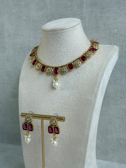 Ayura Designs Padma Necklace Set with Earrings – Rani Pink Stones with Pearl Drop Detailing