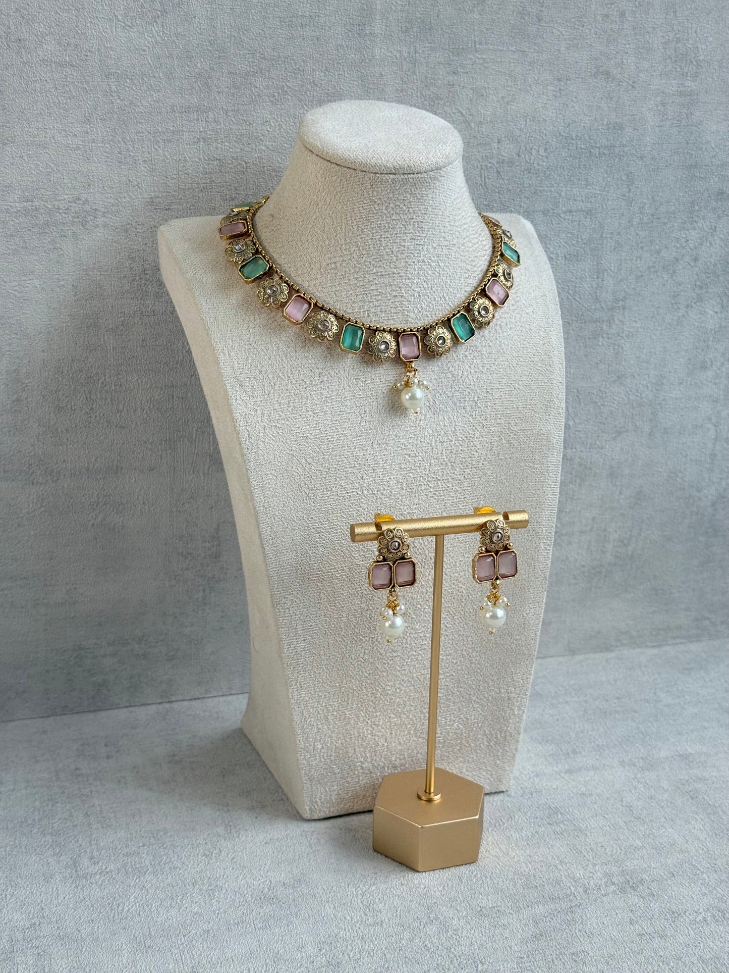 Ayura Designs Padma Necklace Set with Earrings – Blush Pink & Mint Green Stones with Pearl Drop Detailing