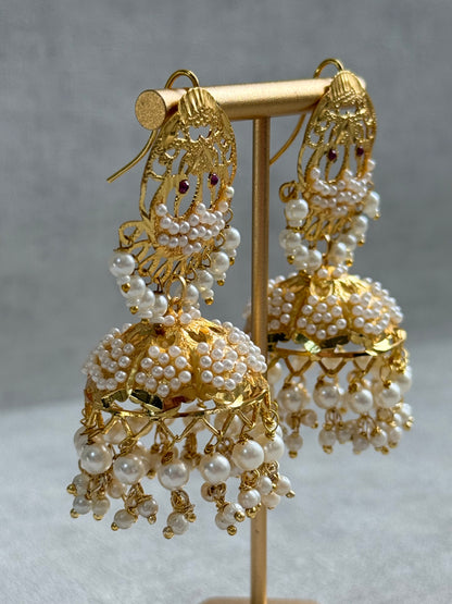 Ayura Designs Pannu Jhumkis – Pippal Patti Gold Jhumkis with Pearl Detailing