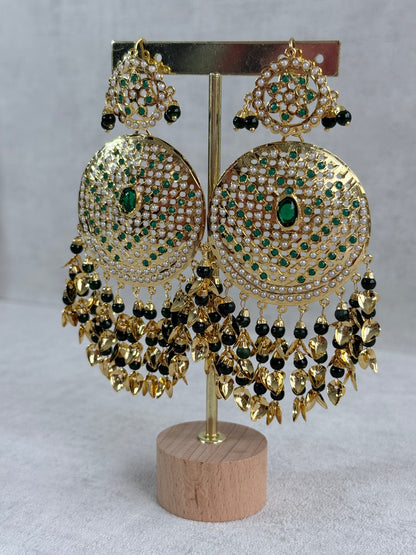 Ayura Designs Seerat Earrings – Emerald Green Gold Pippal Patti Design with Pearls