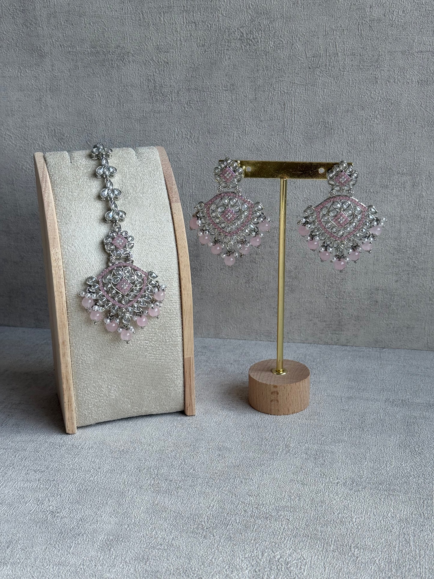 Ayura Designs Kanika Set – Necklace, Earrings & Tikka with Blush Pink Beads, Mirror-Cut Stones & Silver Finish