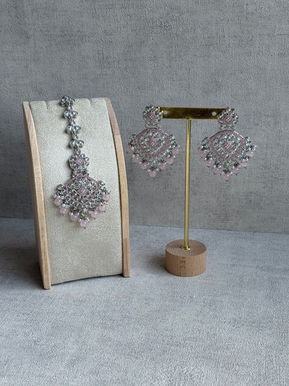 Ayura Designs Kanika Set – Necklace, Earrings & Tikka with Blush Pink Beads, Mirror-Cut Stones & Silver Finish