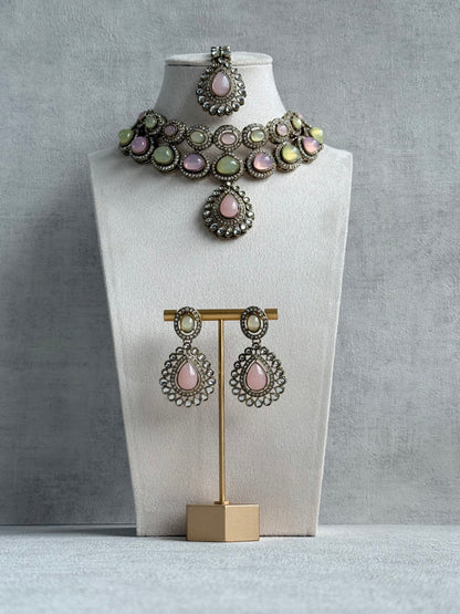 Ayura Designs Tamara Set with Necklace, Earrings & Tikka – Blush Pink & Pistachio Green Stones with Kundan Detailing in Antique Gold Finish