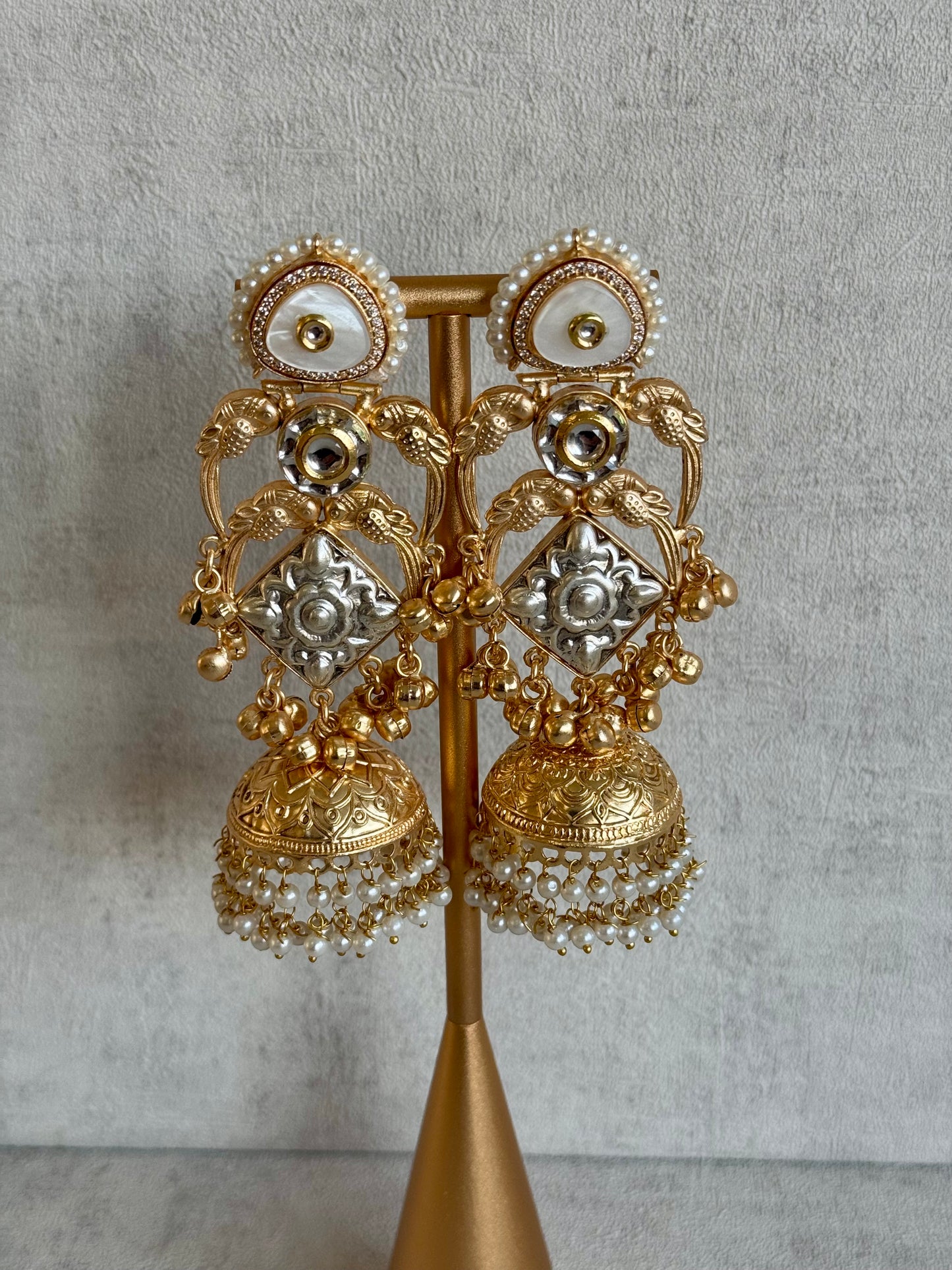 Ayura Designs Zaqsa Earrings – Dual-Tone Antique Gold & Silver Jhumkas with Bird Motifs, Kundan Accents & Pearl Drops