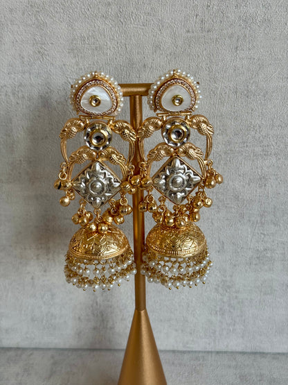Ayura Designs Zaqsa Earrings – Dual-Tone Antique Gold & Silver Jhumkas with Bird Motifs, Kundan Accents & Pearl Drops