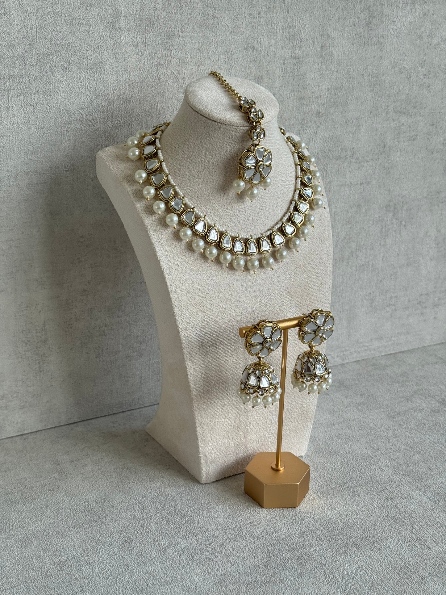 Ayura Designs Mishal Set with Jhumkis & Tikka – Ivory Pearls & Mirror-Cut Stones
