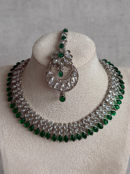 Ayura Designs Qirat Set with Necklace, Earrings & Tikka – Mirror-Cut Stones with Emerald Green Detailing in Silver Finish