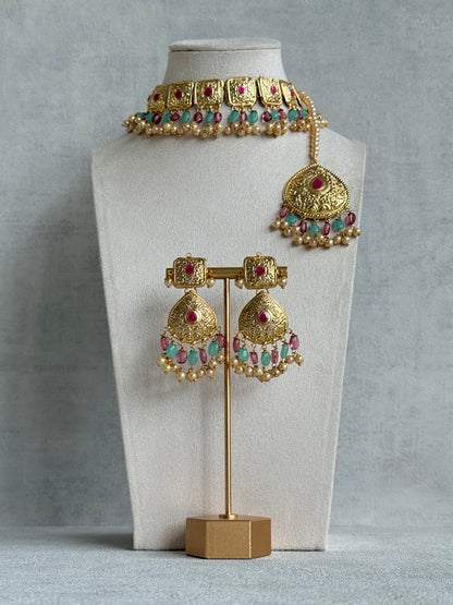Ayura Designs Chetna Choker Set with Earrings & Tikka – Aqua & Rani Pink Beads, Cream Pearl Drops with Pipal Patti Detailing