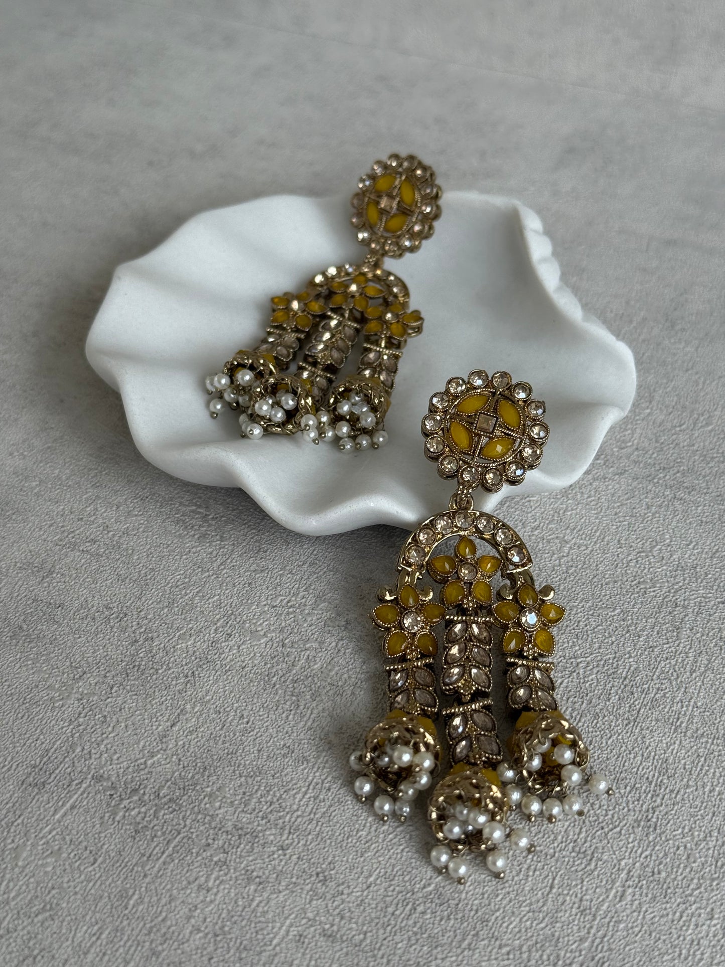 Ayura Designs Soraya Earrings – Yellow Stones, Champagne Crystals, Pearl Detailing & Gold Finish