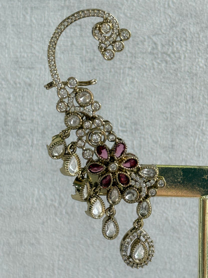Ayura Designs Aksara Kaanphool Earrings – Rani Pink Stones, Kundan, Crystals & Antique Gold Finish