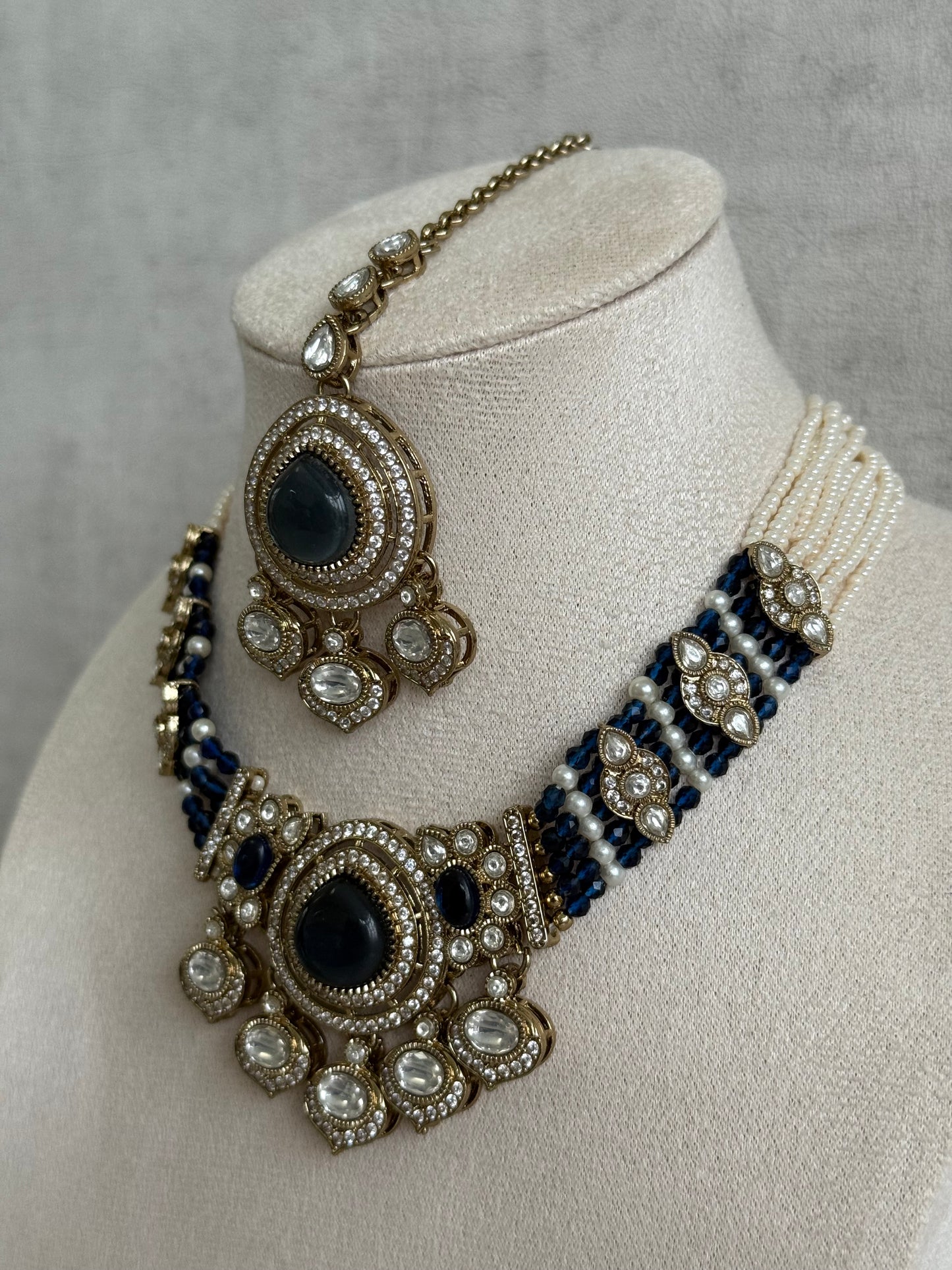 Ayura Designs Rahi Necklace Set with Earrings & Tikka – Ink Blue Stones with Mirror-Cut Detailing & Pearl Strands