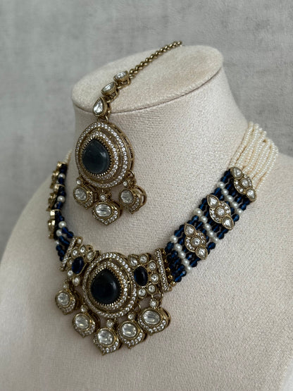 Ayura Designs Rahi Necklace Set with Earrings & Tikka – Ink Blue Stones with Mirror-Cut Detailing & Pearl Strands