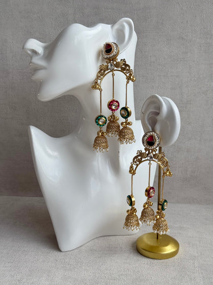 Ayura Designs Arzina Earrings – Triple Jhumki Earrings with Pink & Emerald Green Stones, Pearl Borders & Gold Detailing