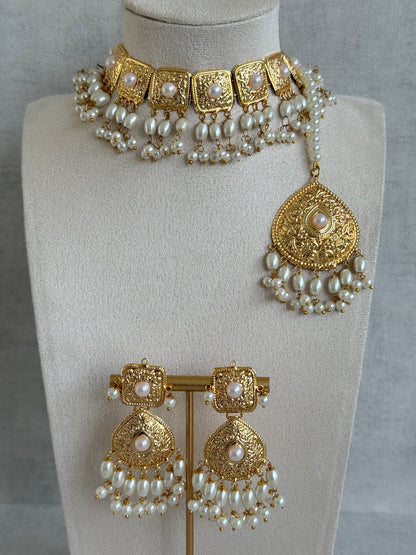 Ayura Designs Chetna Choker Set with Earrings & Tikka – Ivory Pearl Beads & Pearl Drops with Pipal Patti Detailing