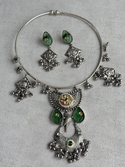 Ayura Designs Jiyana Collar Necklace Set – Leaf Green Carved Teardrop Stones & Oxidised Silver Finish