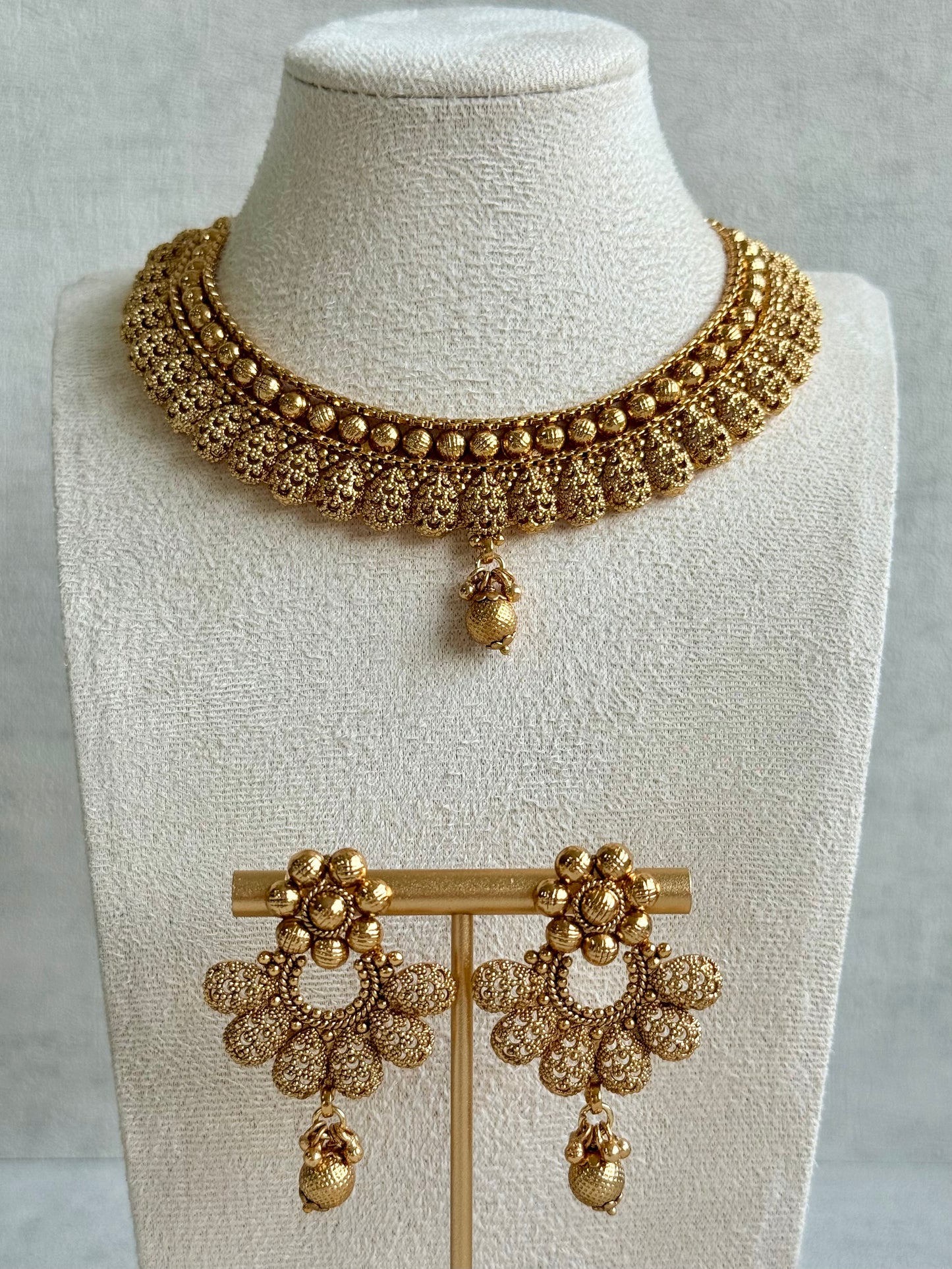 Ayura Designs Chirag Necklace Set with Earrings – Matte Gold Textured Dome Drops