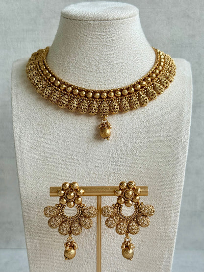 Ayura Designs Chirag Necklace Set with Earrings – Matte Gold Textured Dome Drops