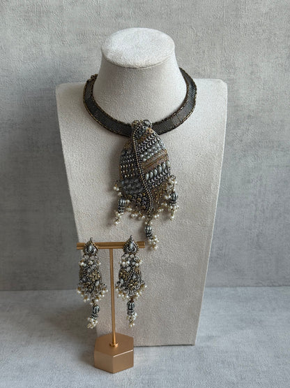 Ayura Designs Sheeba Set with Earrings – Silver & Gold Leaf Pendant, Mirror-Cut Stones & Pearl Detailing