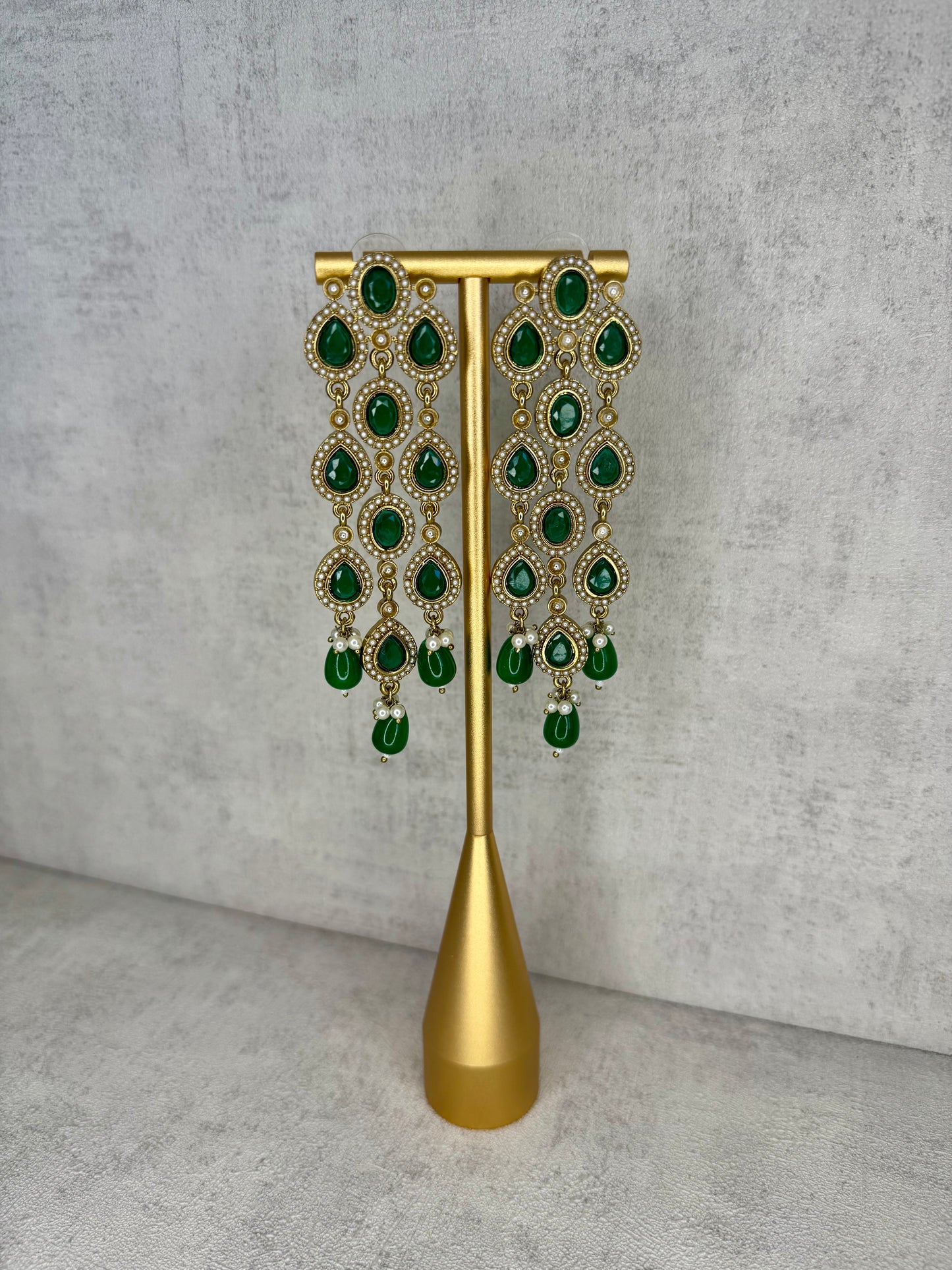 Ayura Designs Mia Earrings – Handcrafted Gold-Toned Cascading Earrings with Green Gemstones, Pearl Accents & Elegant Drop Detailing