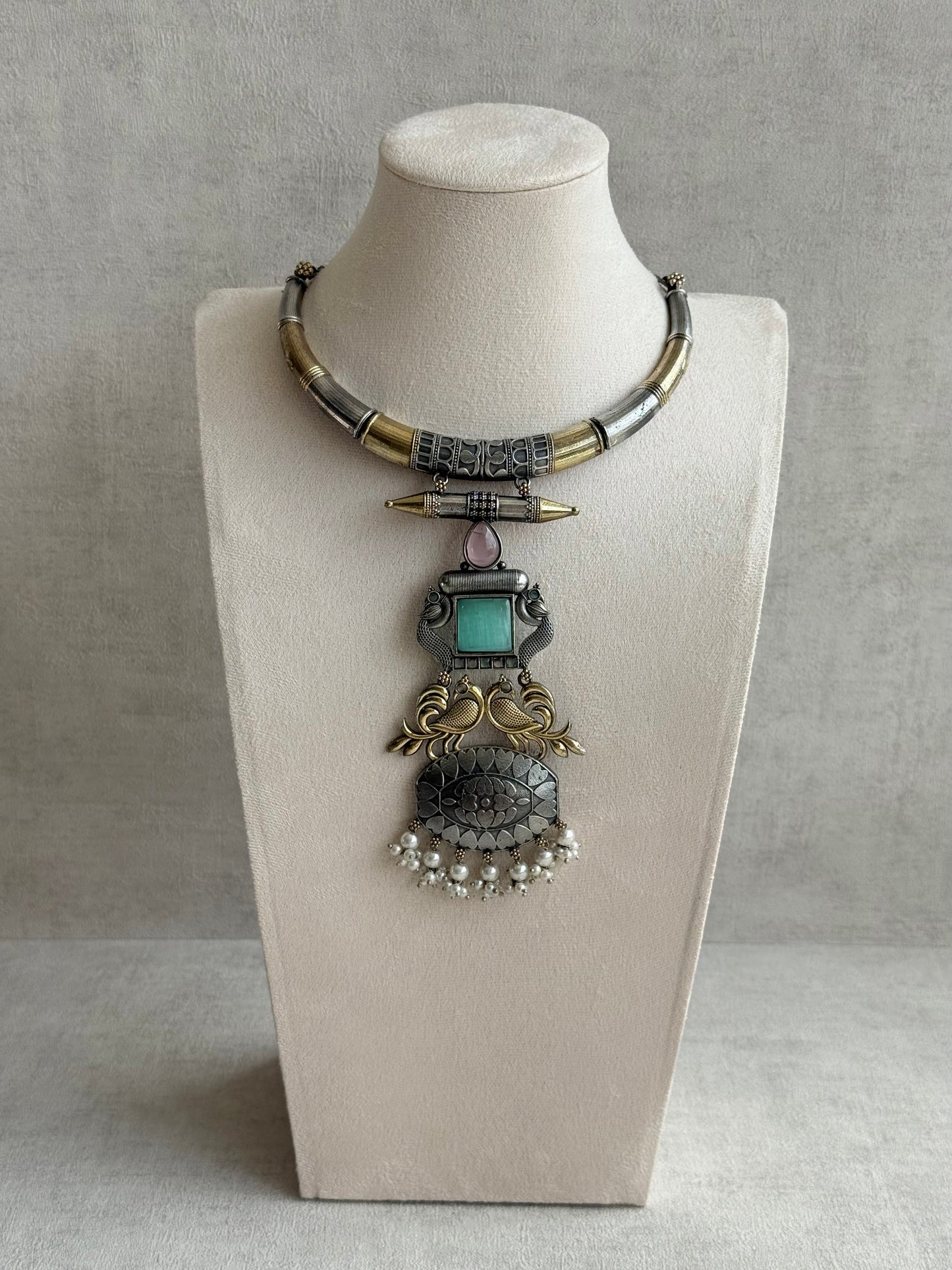 Ayura Designs Tansen Necklace Set with Earrings – Dual Tone Oxidised Necklace with Bird Motifs, Aqua Centre Stone & Pearl Detailing