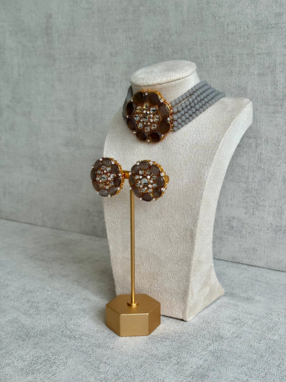 Ayura Designs Yasmin Kundan Choker Set with Studs – Slate Grey Beads & Mirror-Cut Stones