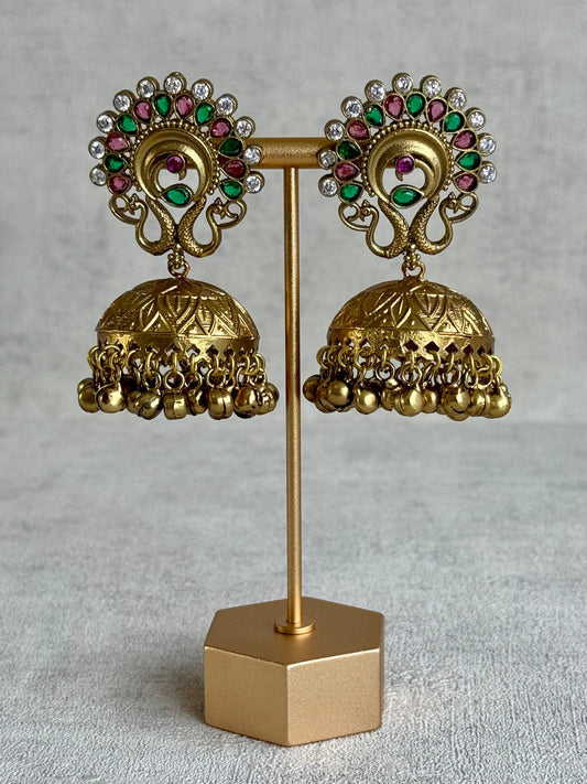 Ayura Designs Moraya Jhumkis – Pink & Green Peacock Motif with Antique Gold Detailing