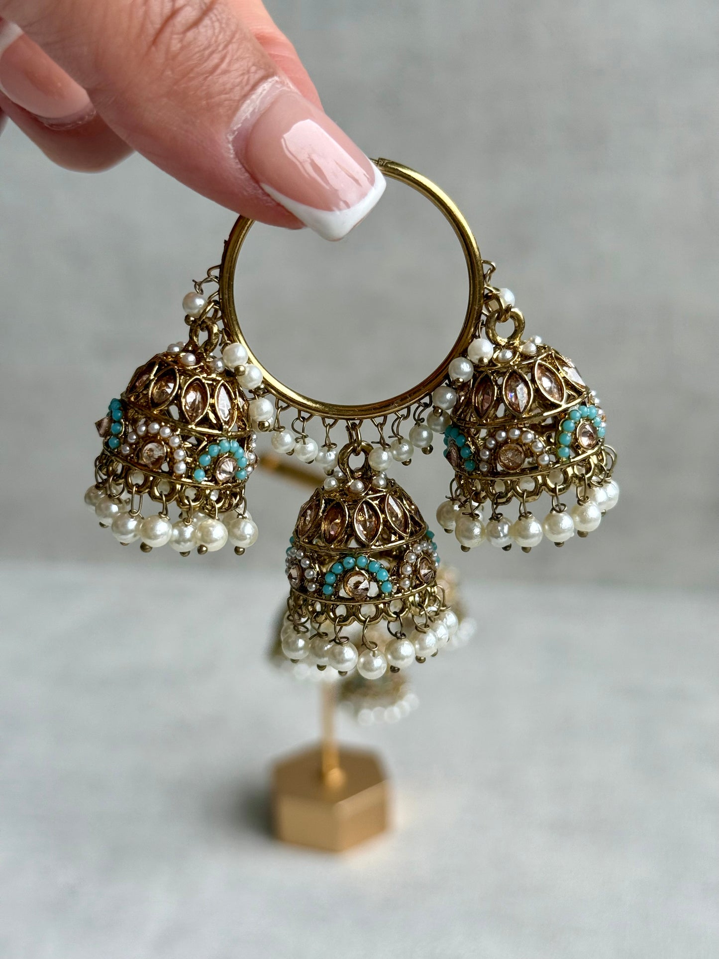 Ayura Designs Nakhra Balis – Aqua Blue Triple Dome Earrings with Mirror-Cut Stones & Pearl Detailing