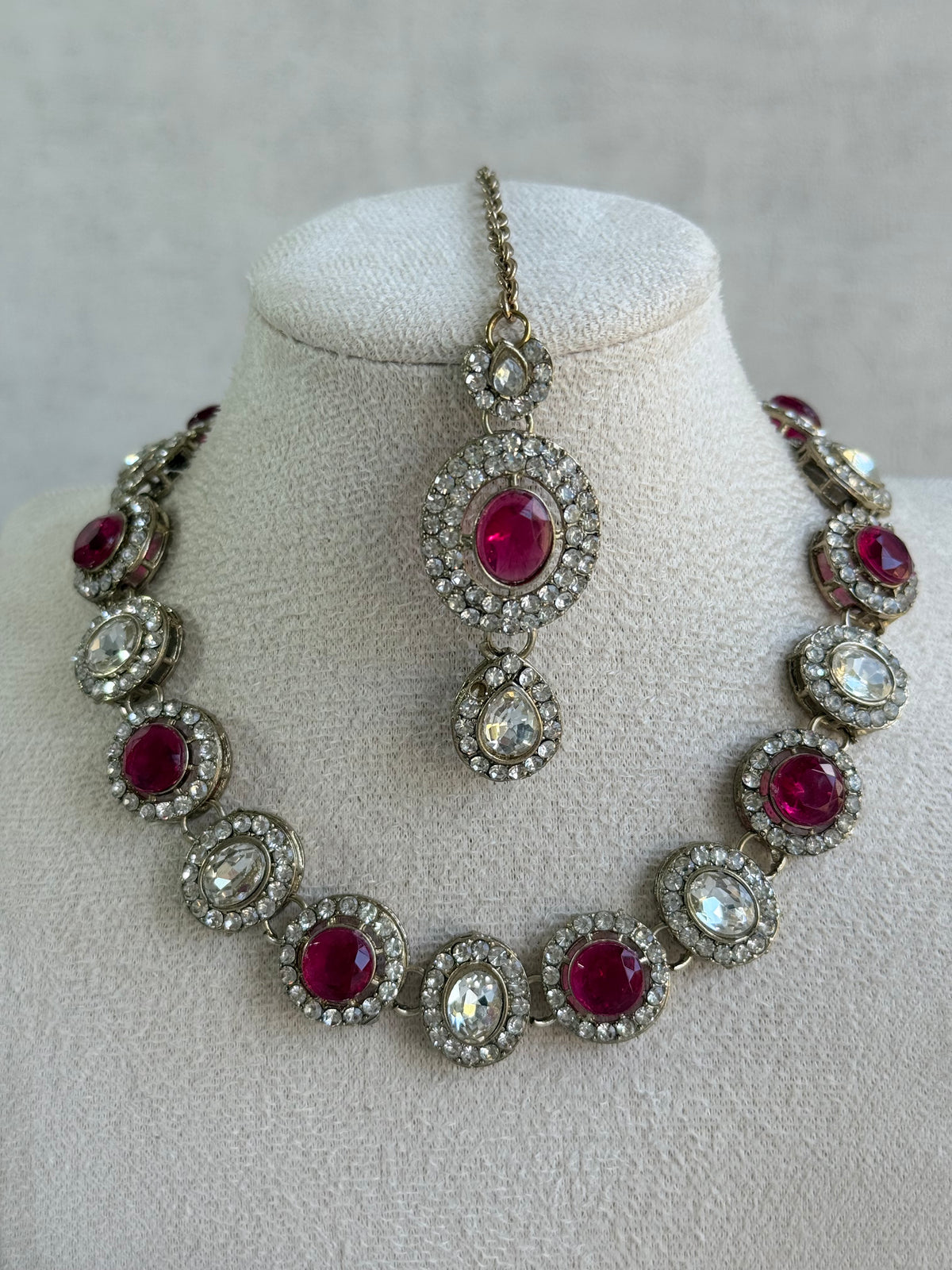 Ayura Designs Eira Necklace Set with Earrings & Tikka – Rani Pink & Crystal Stones with Antique Gold Finish