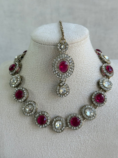 Ayura Designs Eira Necklace Set with Earrings & Tikka – Rani Pink & Crystal Stones with Antique Gold Finish