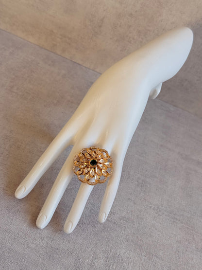 Ayura Designs Elisa Adjustable Ring – Moissanite Floral Ring with Emerald Green Centre & Crystal Border