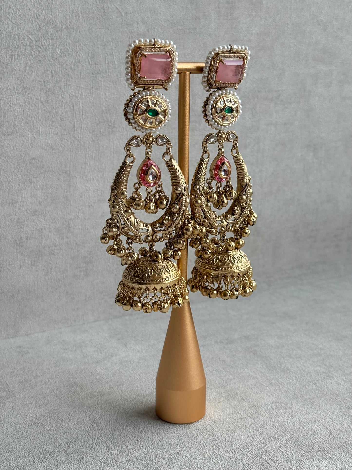 Ayura Designs Zirwa Earrings – Statement Jhumkis with Pink Stones, Green Accents & Pearl Borders & Ghungroos