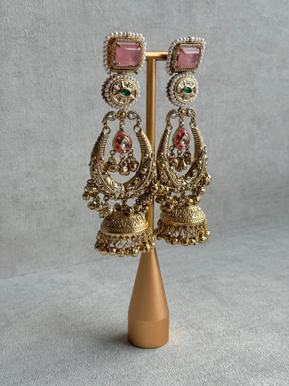 Ayura Designs Zirwa Earrings – Statement Jhumkis with Pink Stones, Green Accents & Pearl Borders & Ghungroos
