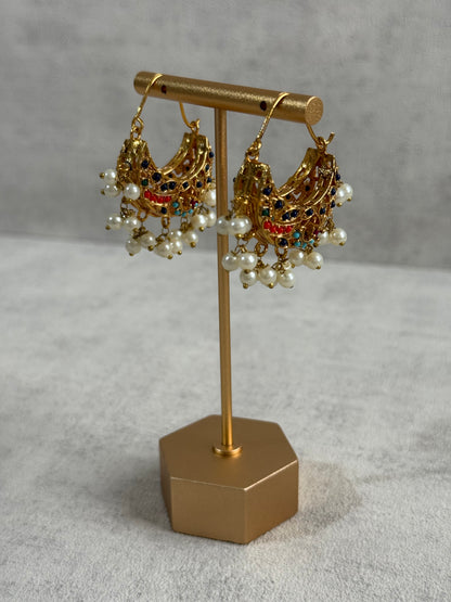 Ayura Designs Rasam Balis – Antique Gold Hoops with Multicolour Stones & Pearl Clusters