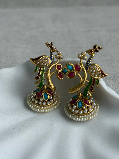 Ayura Designs Mayuri Jhumkis – Gold Peacock Earrings with Multicolour Meenakari & Pearl Detailing