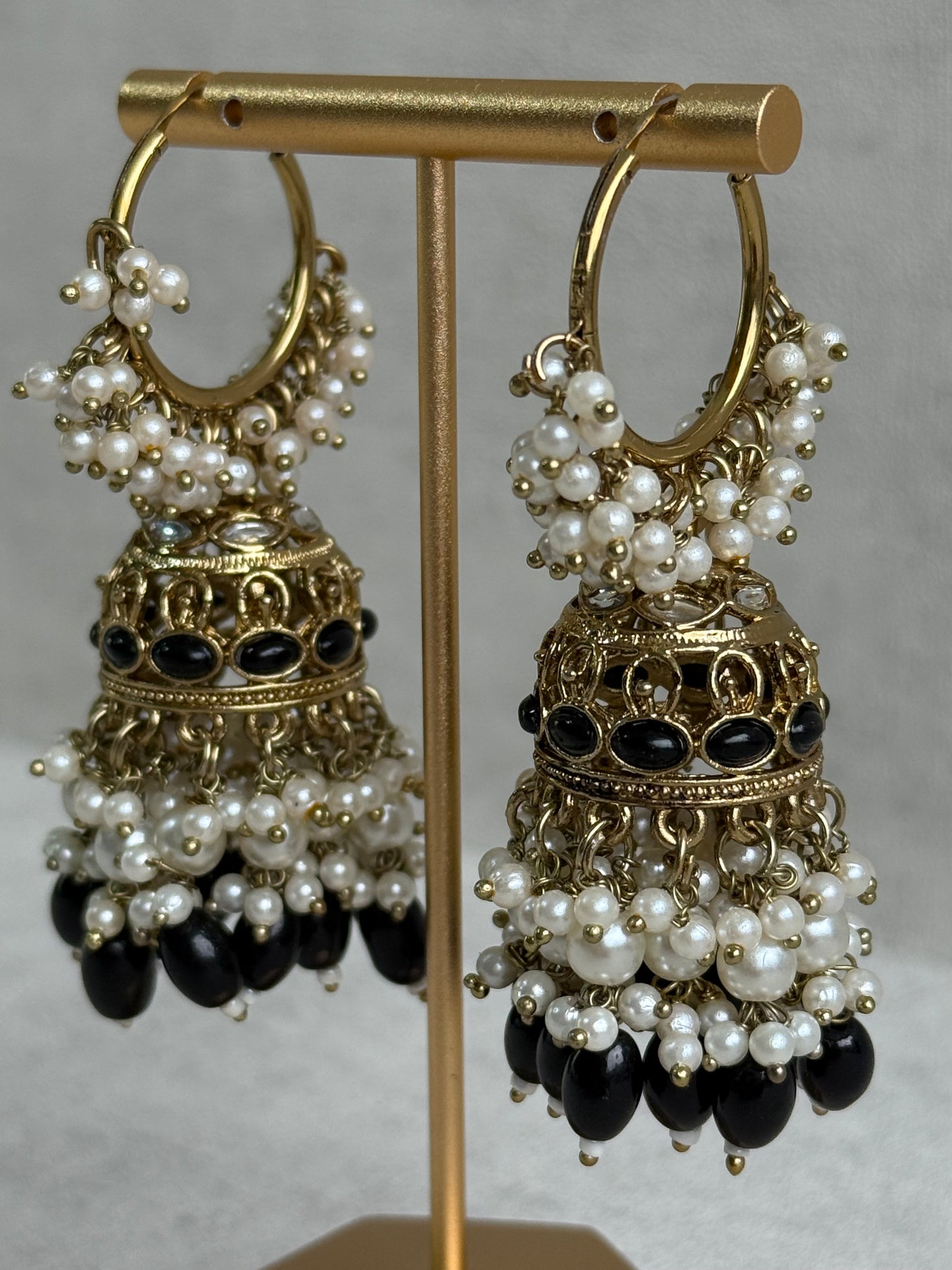 Ayura Designs Jugni Jhumkis – Antique Gold Balis with Black Beads & Pearl Clusters