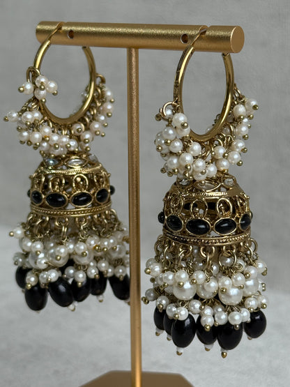 Ayura Designs Jugni Jhumkis – Antique Gold Balis with Black Beads & Pearl Clusters