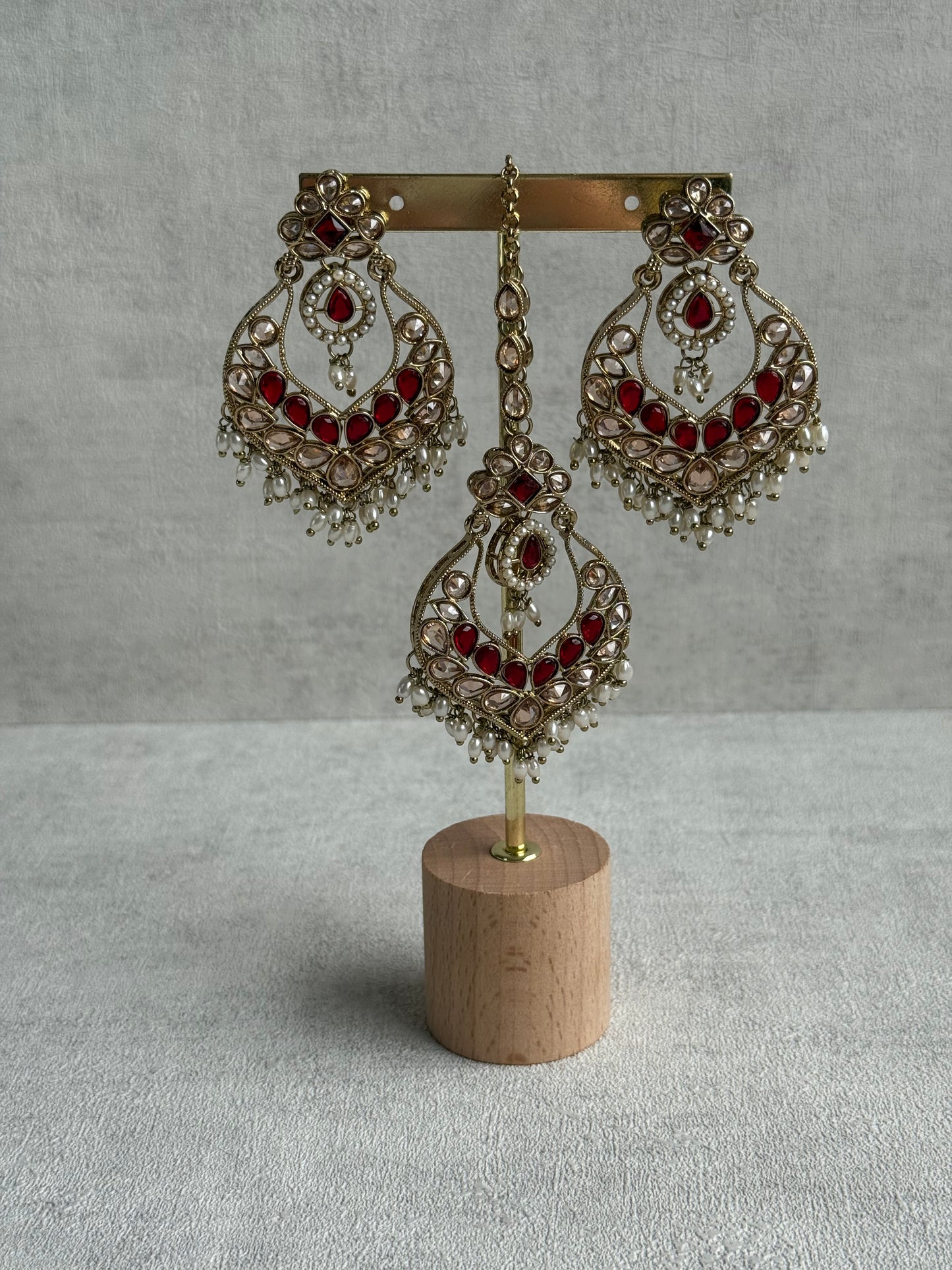 Ayura Designs Damini Tikka Set – Mirror-Cut Kundan Earrings & Tikka with Ruby Red Enamel and Pearl Detailing