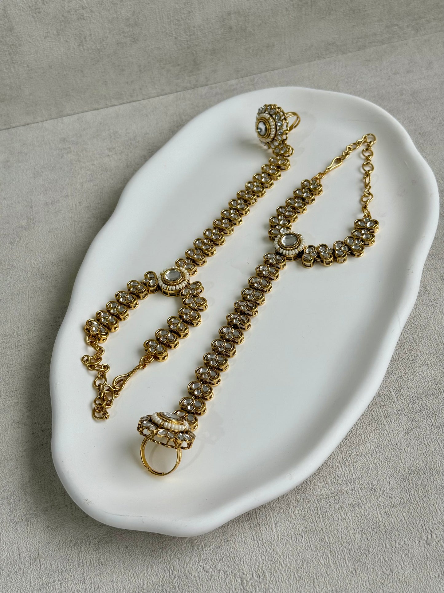 Ayura Designs Maura Haathphool – Antique Gold Hand Harness with Mirror-Cut Stones & Pearl Detailing