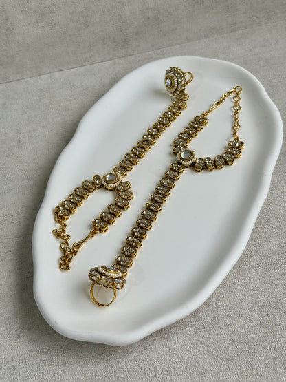 Ayura Designs Maura Haathphool – Antique Gold Hand Harness with Mirror-Cut Stones & Pearl Detailing