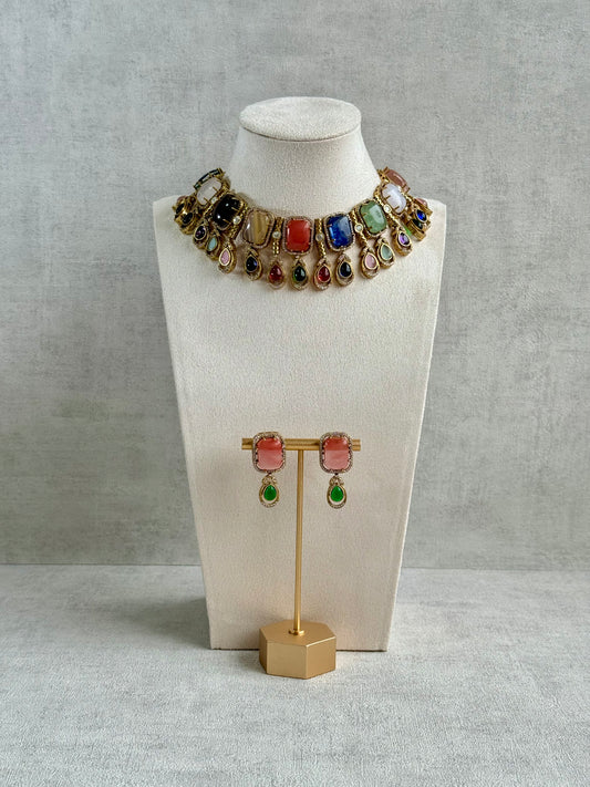 Ayura Designs Adelaide Necklace Set with Earrings – Multicolour Moissanite with Peach Stone Drop Earrings