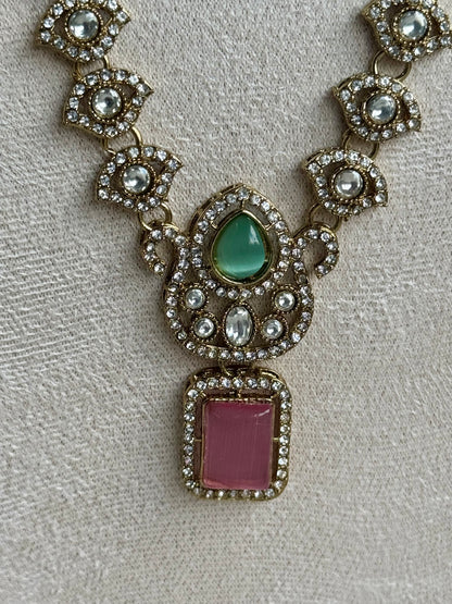 Ayura Designs Aria Set with Earrings – Antique Gold-Finished Ensemble with Soft Green & Blush Pink Stones and Polki Kundan