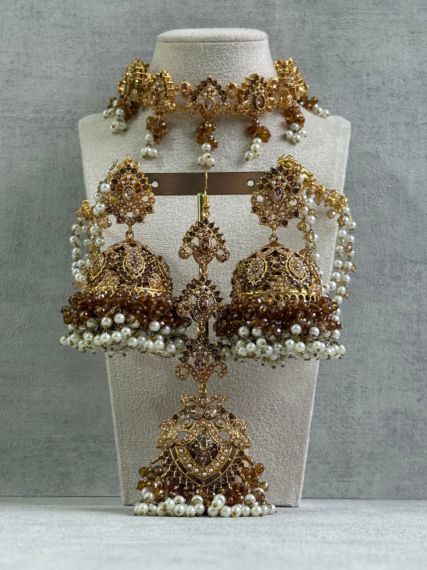 Ayura Designs Noor Set – Choker, Jhumkis with Sahare & Tikka in Champagne Gold with Pearl Detailing