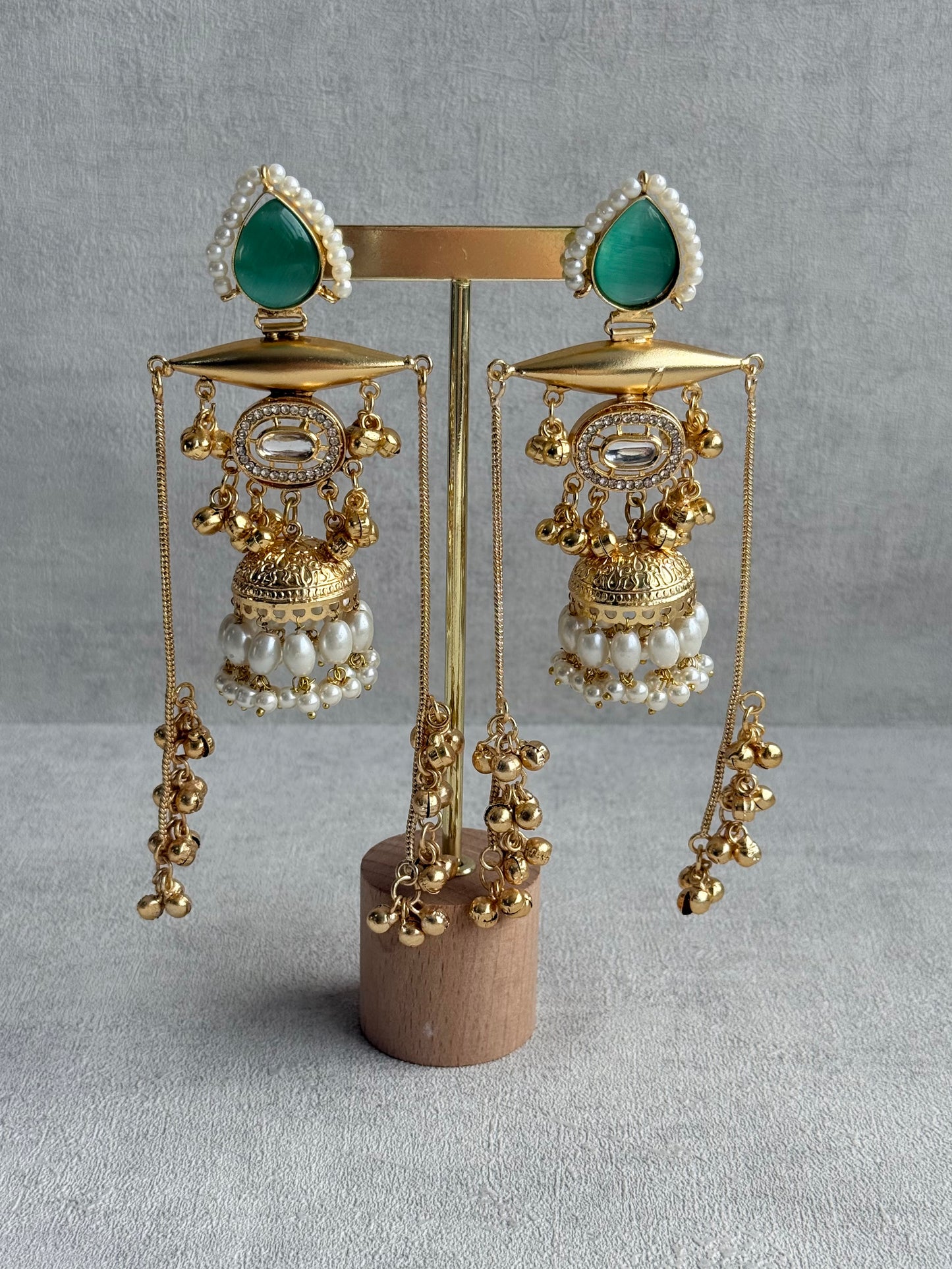 Ayura Designs Hoorza Earrings – Kashmiri Earrings with Mint Green Stones, Pearl Detailing & Ghungroo Chains
