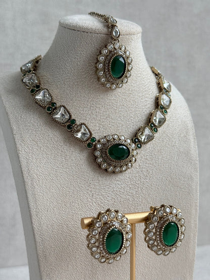 Ayura Designs Inza Necklace Set – Emerald Green Stones, Kundan & Crystals with Antique Gold Finish