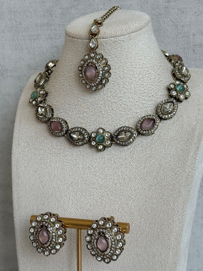 Ayura Designs Ivy Necklace Set with Studs & Tikka – Blush Pink & Mint Green Kundan Detailing