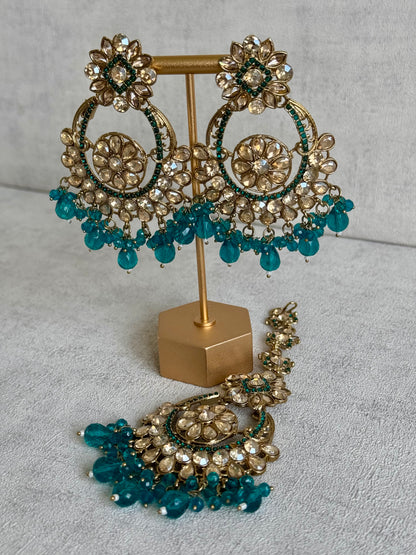 Ayura Designs Feroza Tikka & Earrings Set – Gold-Plated with Handcrafted Kundan Work, Teal Bead Droplets & Intricate Floral Motifs