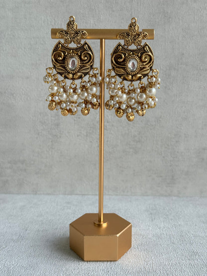Ayura Designs Sneha Choker Set with Earrings & Tikka – Ivory Beads, Layered Pearl Detailing, Ghungroos & Antique Gold Finish