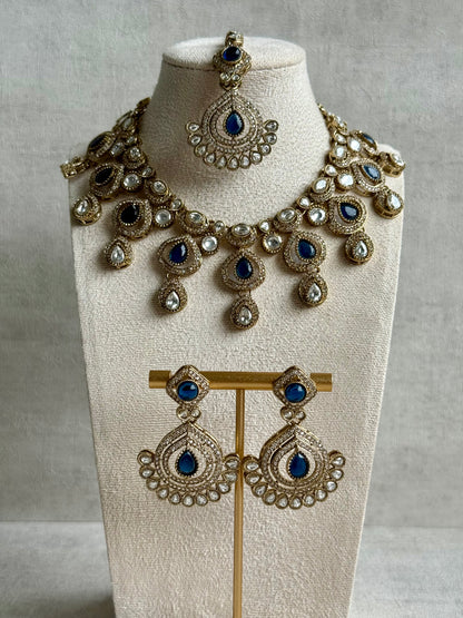 Ayura Designs Sahira Set – Necklace, Earrings & Tikka with Sapphire Blue Stones, Mirror-Cut Detailing & Antique Gold Finish