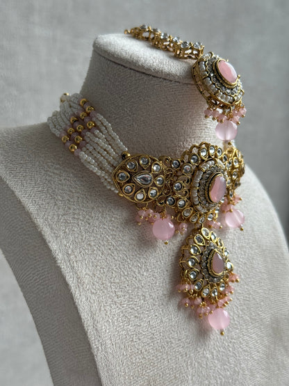 Ayura Designs Muskaan Set – Choker, Jhumkis & Tikka with Blush Pink Beads, Kundan Stones & Antique Gold Finish