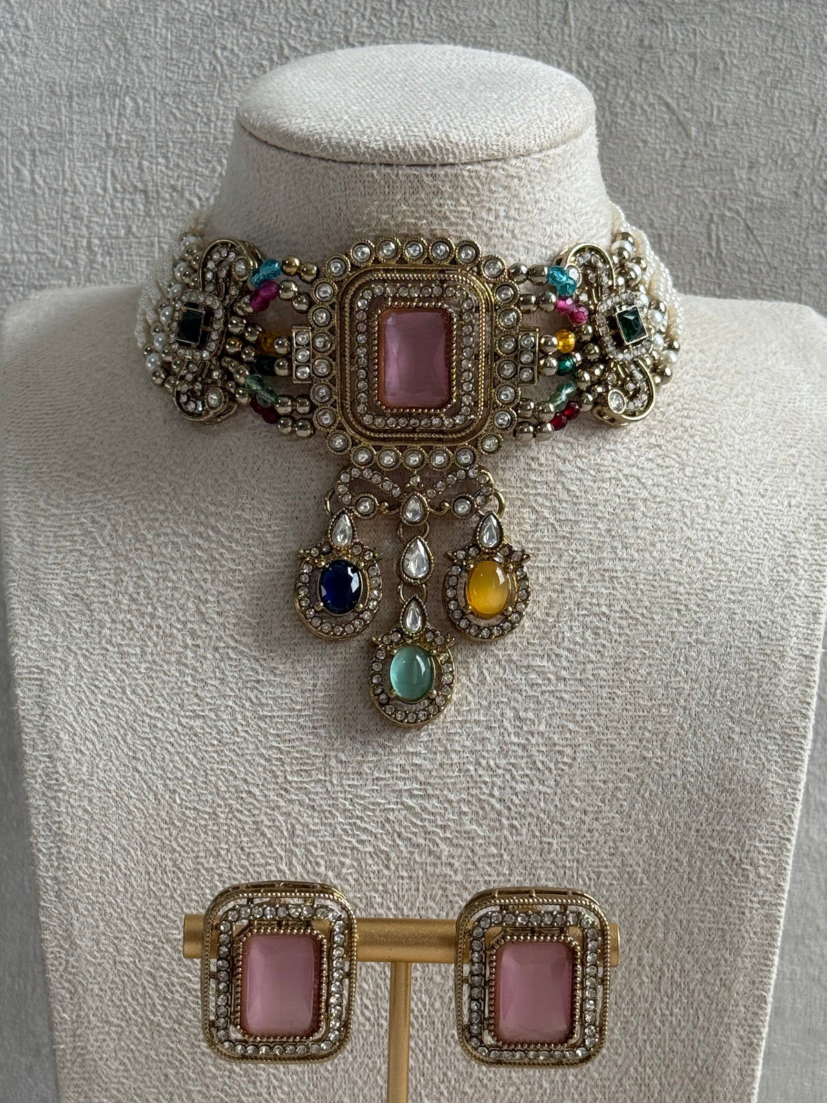 Ayura Designs Nabiha Choker Set with Studs – Blush Pink & Multicolour Stones, Pearl Detailing & Antique Gold Finish